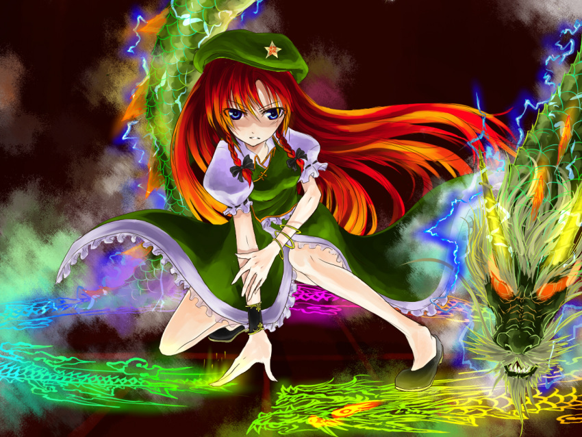 blue_eyes, braid, china_dress, chinadress, chinese_clothes, dragon, eastern_dragon, ex-meiling, hat, hong_meiling, long_hair, magic_circle, red_hair, redhead, sandaime, touhou, twin_braids, wallpaper