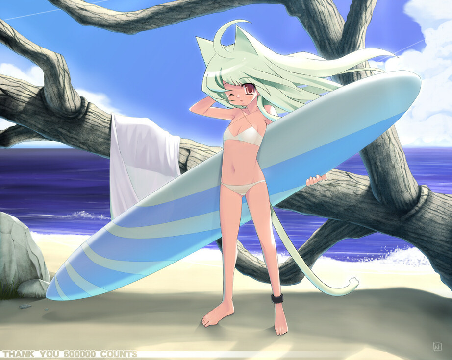 1girl, ahoge, animal_ears, anklet, barefoot, beach, bikini, cat_ears