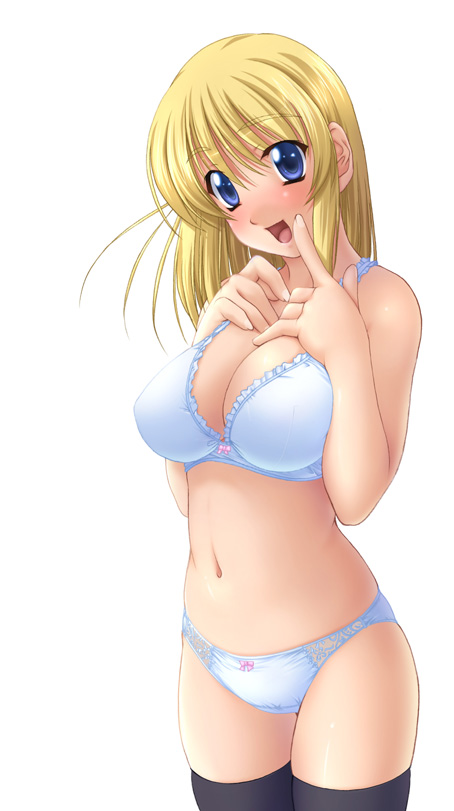 blonde_hair, blue_eyes, bra, breast_squeeze, breasts, ishii_akira, large_breasts, lingerie