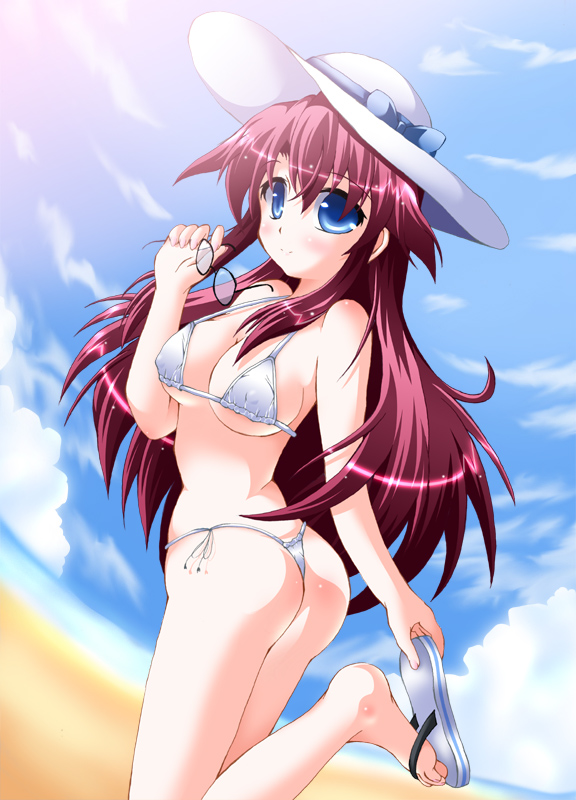 1girl, ass, aty, aty_(summon_night), beach, bikini, blue_eyes, breasts
