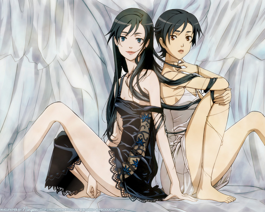 2girls, black_hair, blood+, blue_eyes, diva, diva_(blood+), lace, lingerie