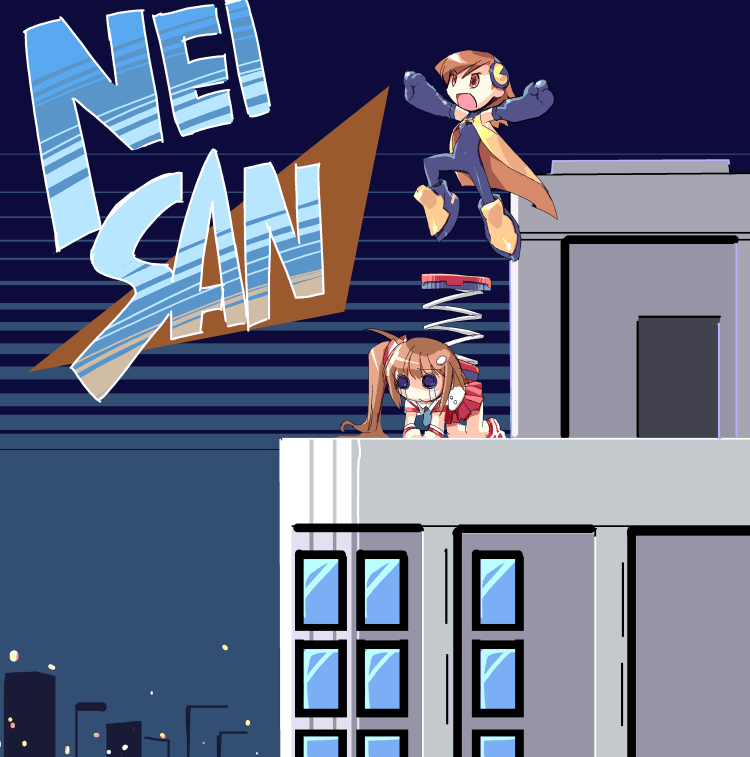 2girls, :d, bent_over, brown_hair, building, capcom, cityscape, ein_(artist)