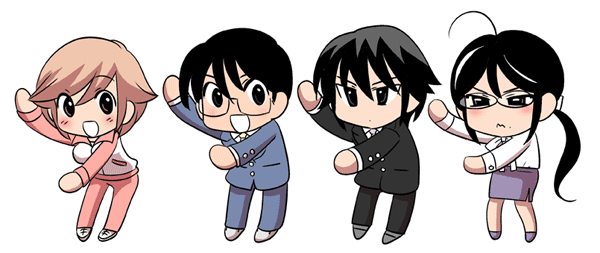 2boys, 2girls, :d, ahoge, aoki_daisuke, arms_up, black_hair, collared_shirt