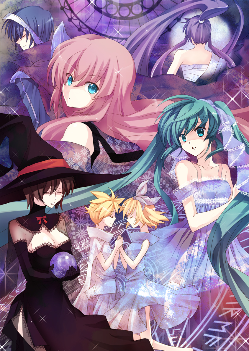 closed_eyes, dress, everyone, hand_holding, hat, hatsune_miku, holding_hands, kagamine_len, kagamine_rin, kaito, kamui_gakupo, kanjuku_pain, megurine_luka, meiko, sarashi, vocaloid, witch_hat