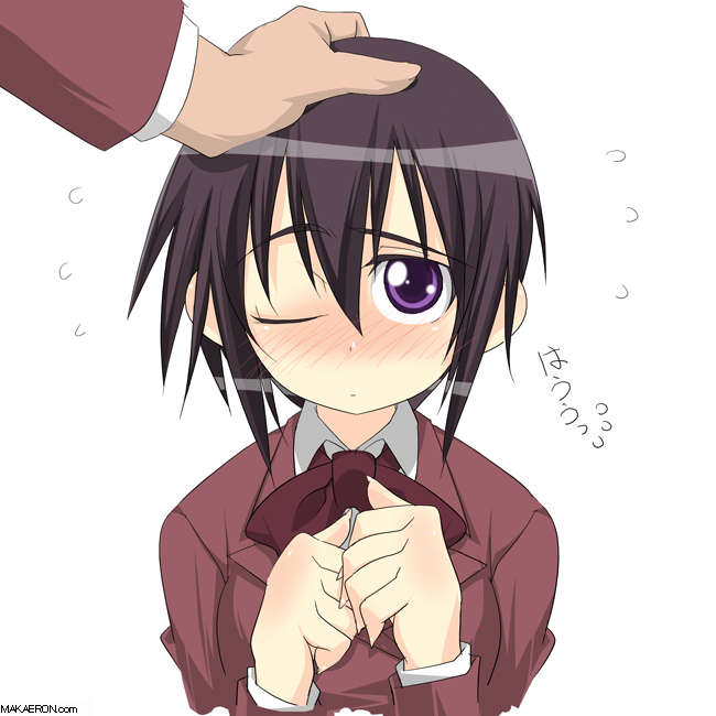 1girl, ;), bamboo_blade, black_hair, blush, bow, bowtie, full-face_blush