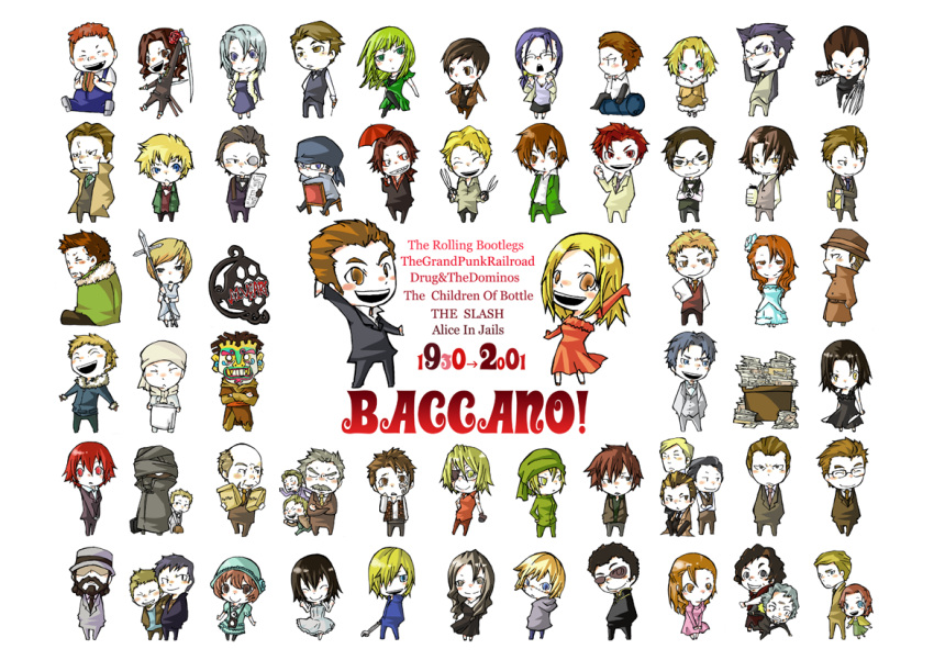 6+boys, 6+girls, adele_(baccano!), adjusting_glasses, baccano!, bag, bandanna, barrel