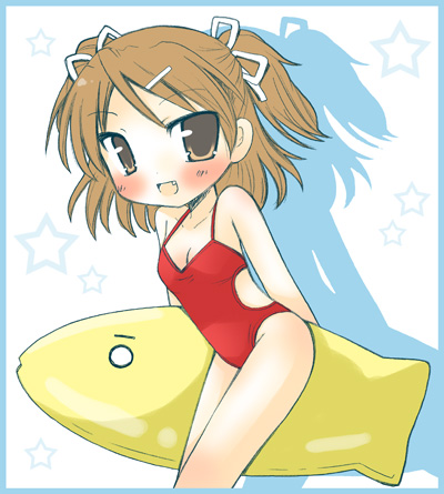 brown_hair, fang, fish, inflatable_raft, lowres, one-piece, one-piece_swimsuit, short_hair