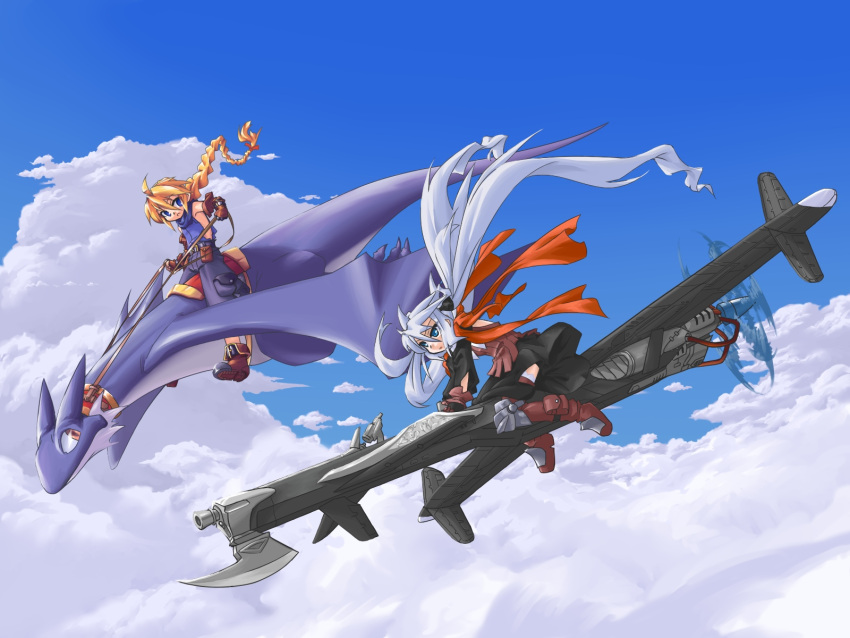 2girls, borrowed_character, clouds, dragon, flying, girl_with_a_blonde_braid_(tomoshibi_hidekazu), highres, mof