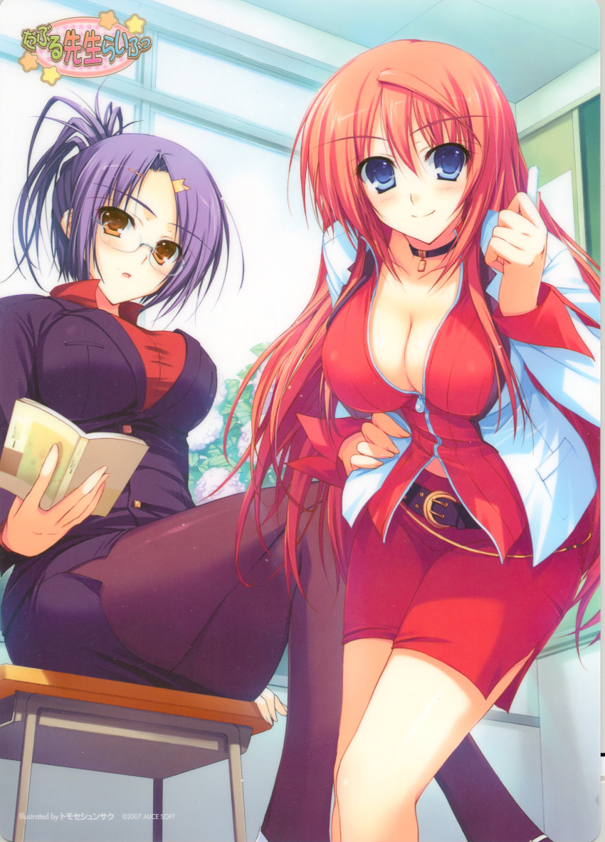 2girls, blue_eyes, breasts, brown_eyes, business_suit, choker, cleavage, double_teacher_life
