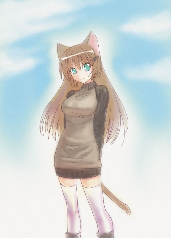 animal_ears, aqua_eyes, arms_behind_back, bottomless, cat_ears, cat_tail, hair_ornament, hairpin
