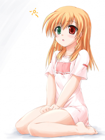 barefoot, blonde_hair, heterochromia, kusakami_akira, lyrical_nanoha, mahou_shoujo_lyrical_nanoha, mahou_shoujo_lyrical_nanoha_strikers, vivio