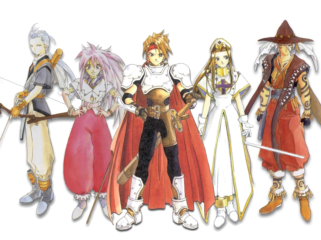 2girls, 3boys, 90s, arche_klein, boots, chester_barklight, cless_alvein, fujishima_kousuke