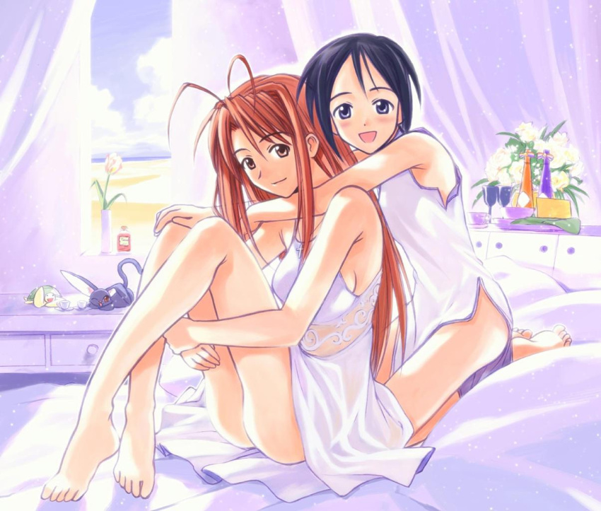 2girls, akamatsu_ken, antenna_hair, barefoot, bed, black_cat, black_hair, blue_eyes