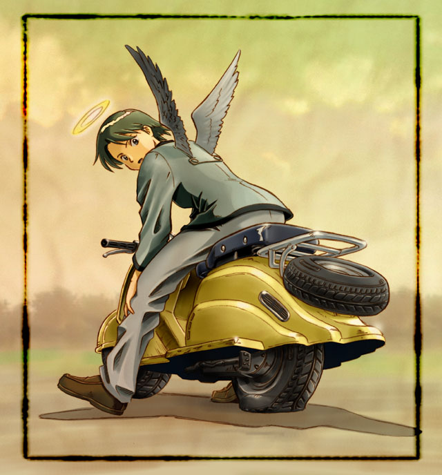 00s, 1girl, aaru_sentou_shuudan, androgynous, flat_tire, ground_vehicle, haibane_renmei, halo