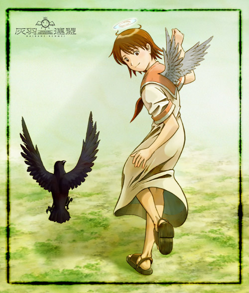 00s, 1girl, aaru_sentou_shuudan, bird, crow, haibane_renmei, halo, outdoors