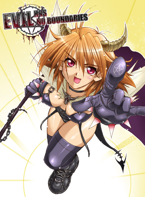 1girl, finger_pointing, foreshortening, horns, kaiga, pointing, red_eyes, solo