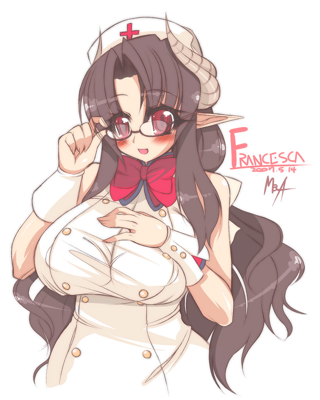 00s, 1girl, 2007, akatsuki_francesca, bare_shoulders, bespectacled, black_hair, bow, breasts, cuffs, curvy, demon_girl, glasses, hat, hips, horns, huge_breasts, long_hair, mature, mel/a, milf, nurse, nurse_cap, original, pointy_ears, red_eyes, sleeveless, solo, succubus, wide_hips