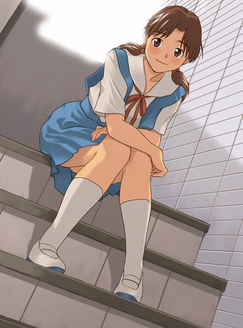 1girl, brown_eyes, brown_hair, freckles, horaki_hikari, neon_genesis_evangelion, school_uniform, serafuku
