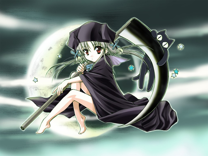 00s, 1girl, bell, cat, moon, nanao_naru, nanashi_no_shoujo, scythe