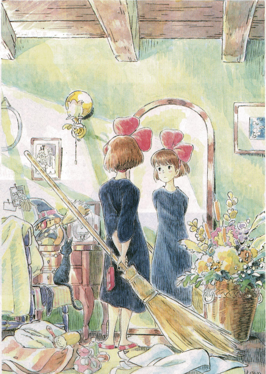 1girl, 80s, black, black_cat, bow, broom, brown_hair, cat