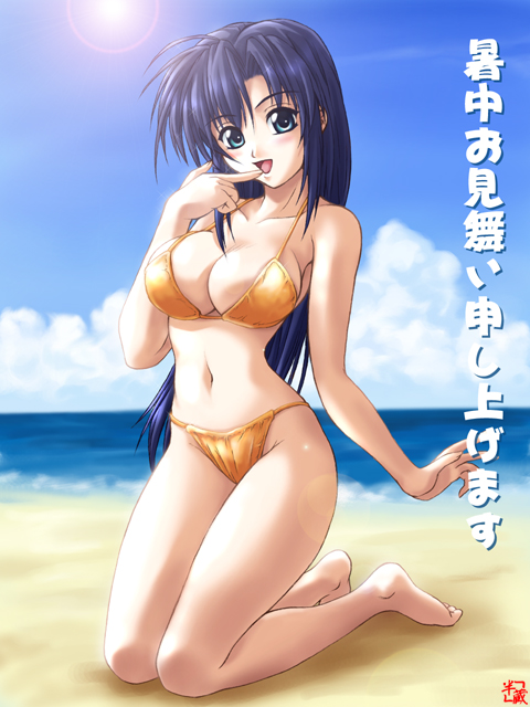 1girl, aqua_eyes, beach, bikini, blue_hair, kagehara_hanzou, long_hair, original