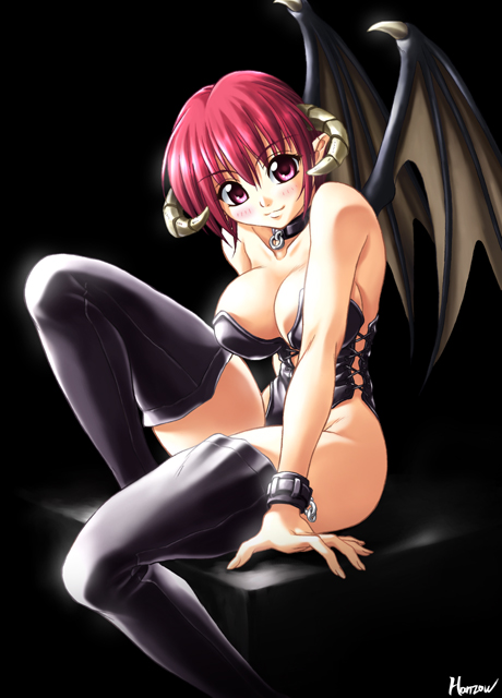 1girl, bat_wings, boots, bracelet, breasts, choker, cleavage, collar