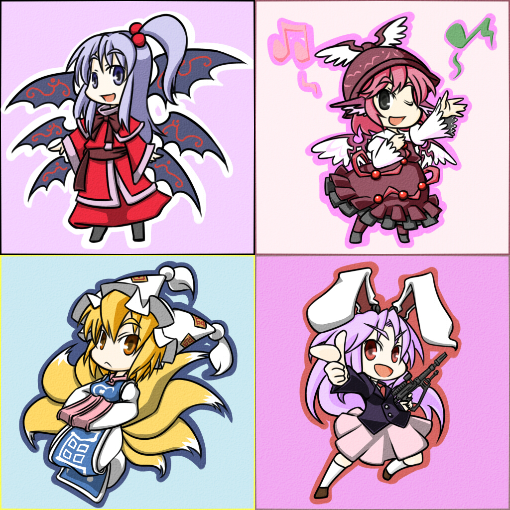 blonde_hair, bunny_ears, chibi, fox_tail, gun, hat, long_hair, musical_note, mystia_lorelei, pink_hair, purple_hair, rabbit_ears, red_eyes, reisen_udongein_inaba, shinki, short_hair, skirt, tail, touhou, wabi_(wbsk), wabi_tsubaki, weapon, wings, yakumo_ran, yellow_eyes