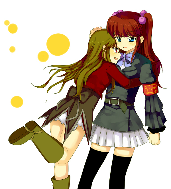 armband, bad_id, blue_eyes, brown_hair, hair_bobbles, hair_ornament, hig, hug