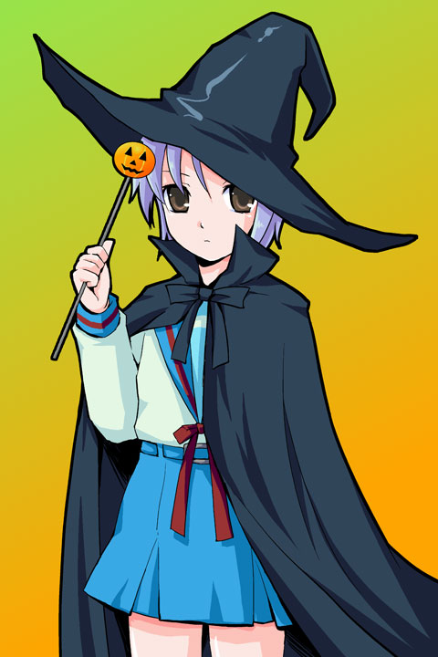 1girl, cape, gradient, gradient_background, hat, ishizaki_uni, nagato_yuki, purple_hair