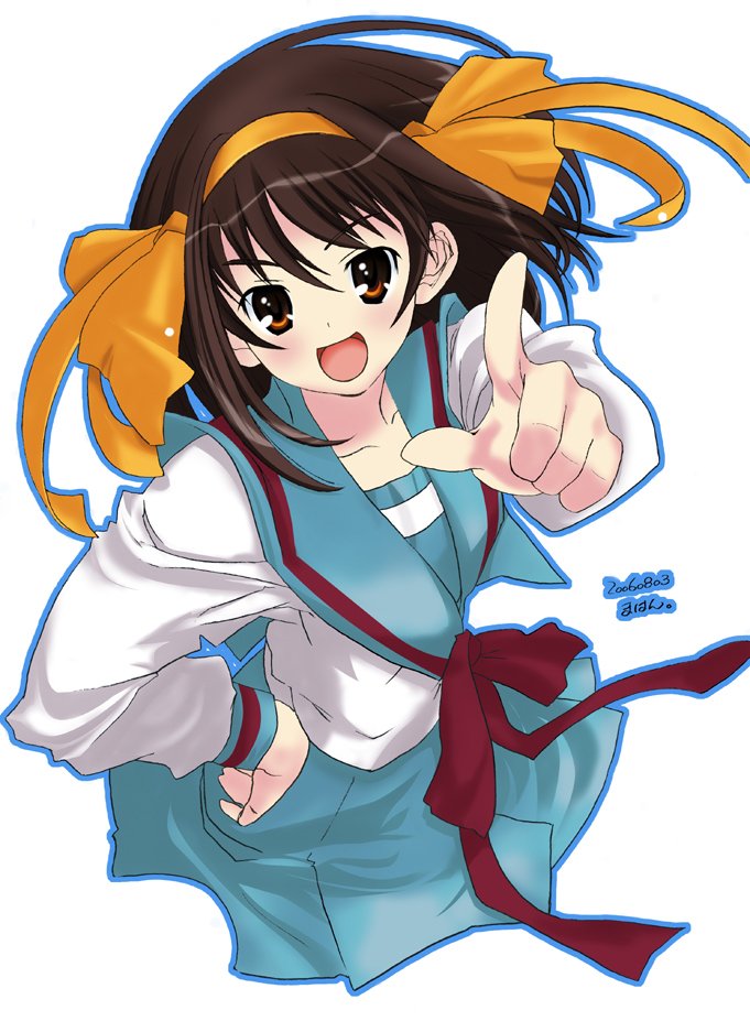 finger_pointing, mahan, pointing, ribbon, school_uniform, serafuku, suzumiya_haruhi, suzumiya_haruhi_no_yuuutsu
