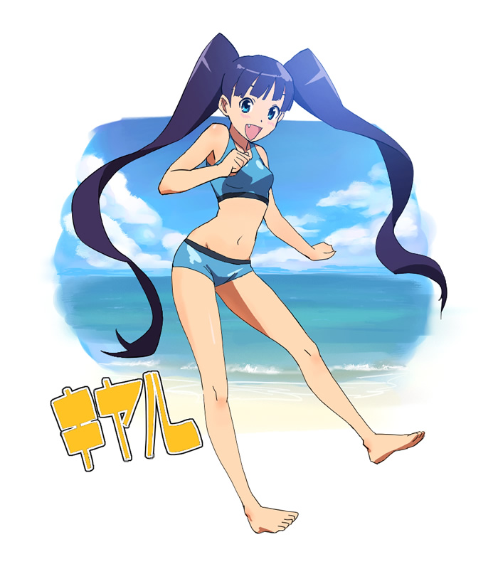 1girl, barefoot, beach, bikini, blue_eyes, blush, fang, kagero_(plusup)