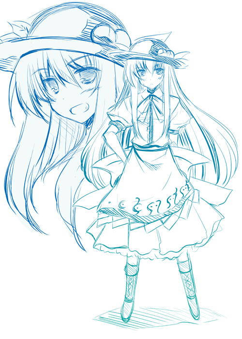 akadashi, food, fruit, hat, hinanawi_tenshi, ibuki_pon, long_hair, monochrome, peach, solo, touhou