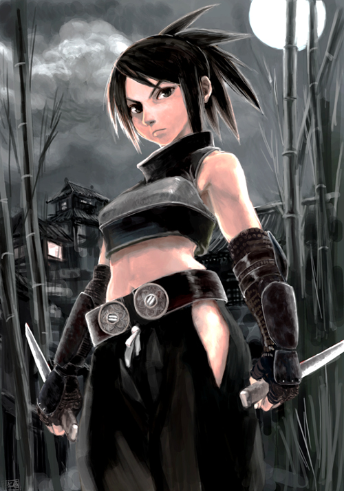 1girl, acquire, armor, ayame, ayame_(tenchu), bamboo, bamboo_forest, bare_shoulders, belt, black_hair, blade, forest, from_software, hip_vent, kodachi, midriff, nature, night, ninja, reverse_grip, short_sword, sleeveless, solo, sword, tenchu, tenchuu, weapon