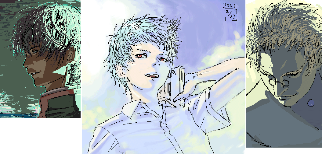 00s, 3boys, black_hair, blonde_hair, book, cpt, dress_shirt, gakuran