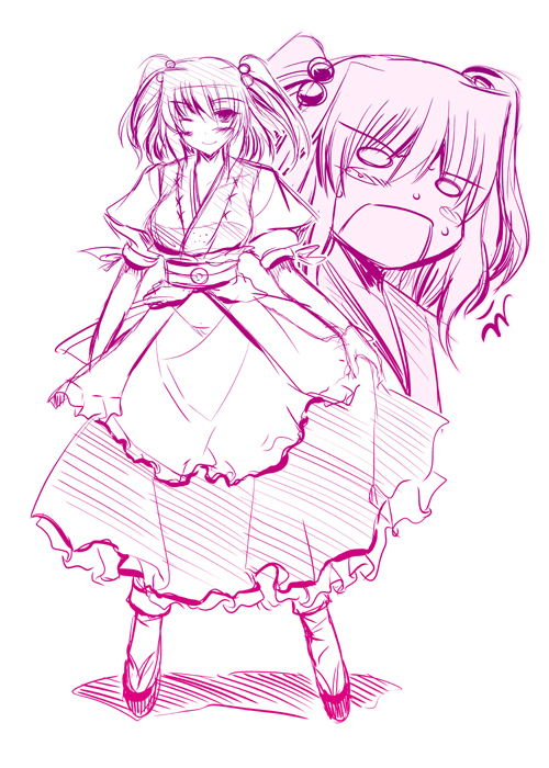 akadashi, blush_stickers, hair_bobbles, hair_ornament, ibuki_pon, monochrome, onozuka_komachi, purple