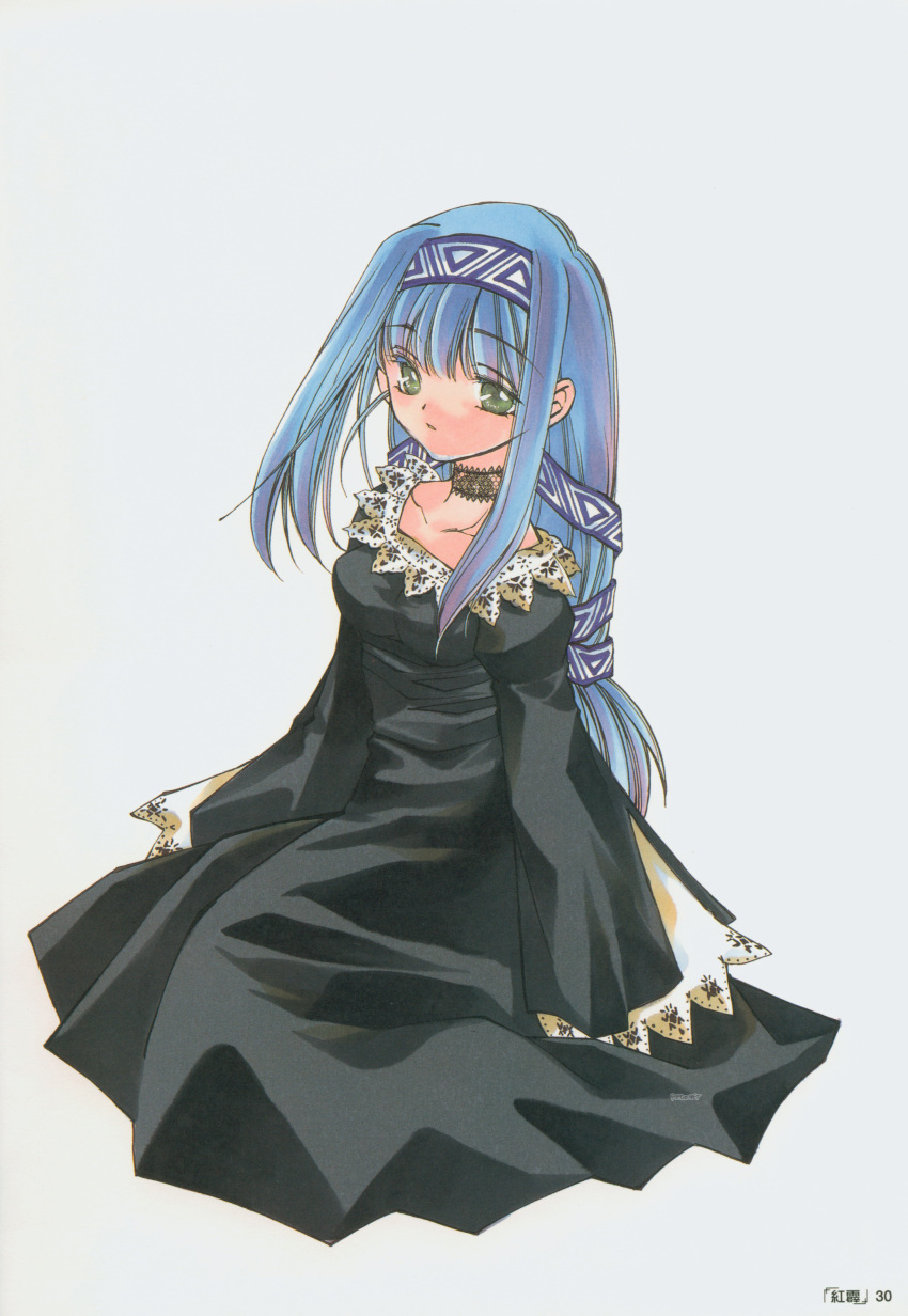 1girl, absurdres, azuma_mayumi, blue_hair, elemental_gelade, green_eyes, highres, long_hair