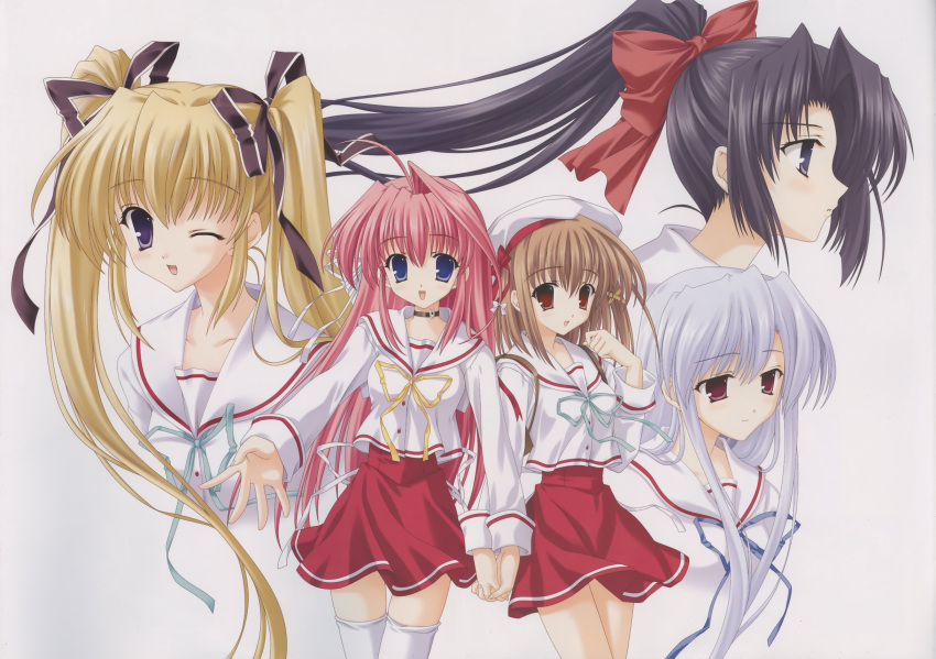 5girls, :d, ;d, ahoge, beret, black_eyes, black_hair, blonde_hair