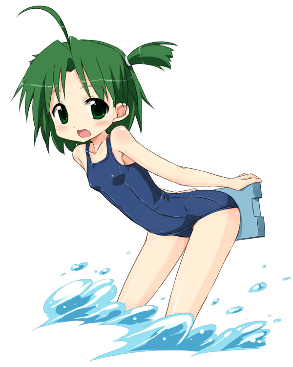 1girl, ahoge, aikei, bent_over, blush, female, flat_chest, green_eyes, green_hair, kickboard, nagasarete_airantou, one-piece_swimsuit, open_mouth, school_swimsuit, short_hair, short_twintails, solo, splashing, swimsuit, twintails, wading, water, yukino_(nagasarete_airantou)
