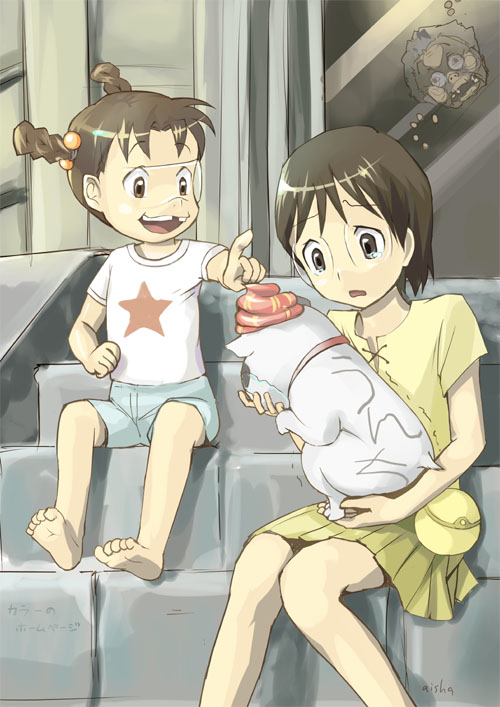 2girls, aisha_callaaisha, barefoot, braid, brown_eyes, brown_hair, dennou_coil, densuke