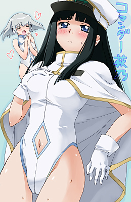 2girls, black_hair, blue_drop, blue_eyes, blush, cape, closed_eyes, gloves