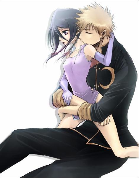 1boy, 1girl, black_hair, bleach, braid, china_dress, chinese_clothes, closed_eyes, couple, double_braid, dress, gloves, hair_ribbon, hetero, holding, hug, hug_from_behind, kuchiki_rukia, kurosaki_ichigo, orange_hair, ribbon, short_hair, violet_eyes