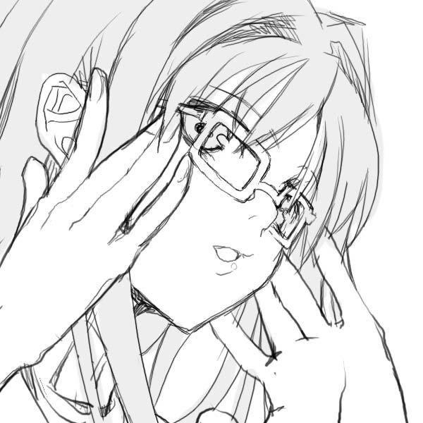 1girl, adjusting_glasses, aida_okiteru, bad_id, face, glasses, hands, jpeg_artifacts, lips, long_hair, monochrome, open_mouth, sketch, solo