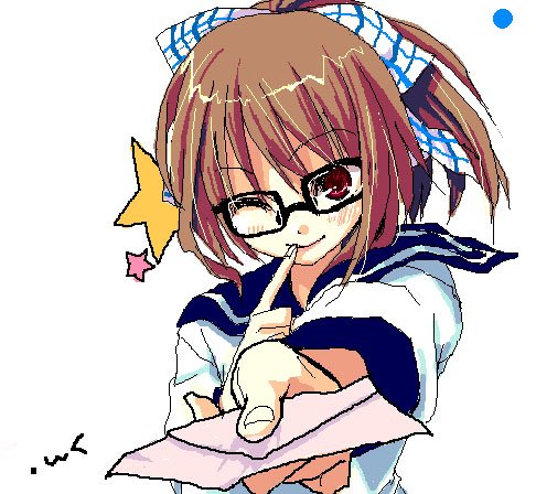 aida_okiteru, bad_id, foreshortening, glasses, letter, lowres, oekaki, original, ponytail, wink