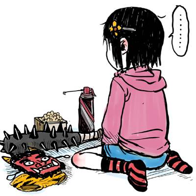 ..., 1girl, anoko_wa_toshi_densetsu, bugspray, club, footwear, gomennasai, hair_ornament, hairclip, hood, hoodie, lowres, mask, oni, panties, socks, solo, spoken_ellipsis, striped, striped_legwear, underwear, weapon, zangiyaku_satsuki, zangyaku-san