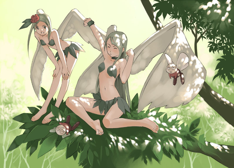 2girls, angel_wings, barefoot, bikini, choker, fairy, feet, insect, leaf, leaf_bikini, monster_girl, multiple_girls, nature, original, outdoors, soles, stretch, swimsuit, toe-point, toes, tree, waking_up, wings, yoshitomi_akihito