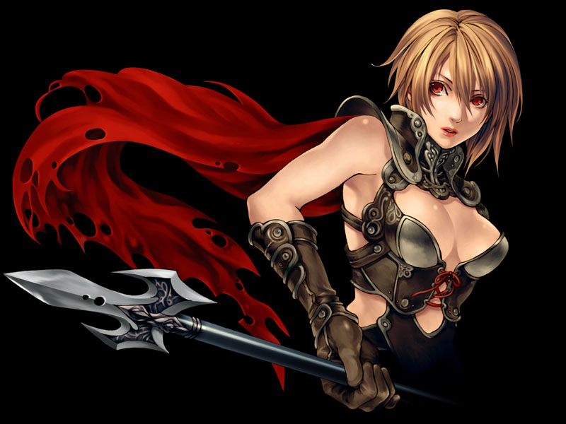 1girl, armor, armpits, bangs, blonde_hair, breasts, brown_hair, cape