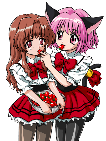 00s, 2girls, animal_ears, bandabekken, bell, bow, bowl, bronze_parrot