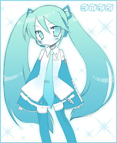 1girl, aqua, aqua_hair, blush, border, character_name, detached_sleeves, hatsune_miku