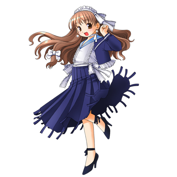 1girl, :d, blue_skirt, blush, bow, brown_eyes, brown_hair, choker