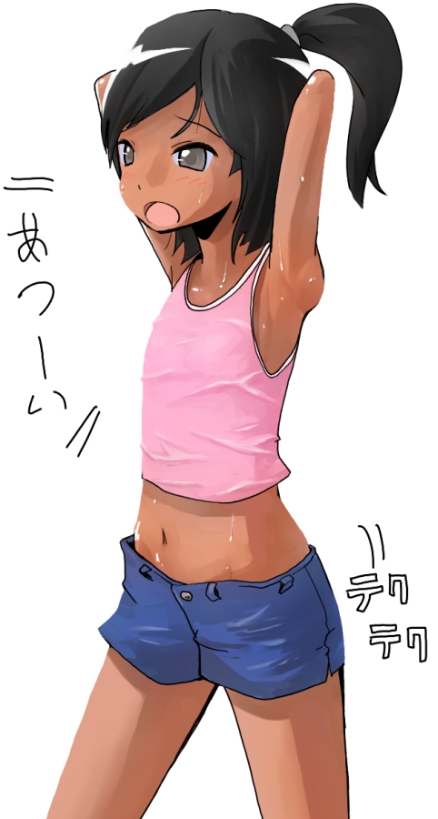 armpits, black_hair, brown_eyes, dark_skin, hairdressing, midriff, ponytail, short_hair